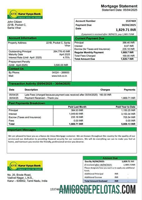 imprimível Modelo Word e PDF de extrato de hipoteca do Banco Karur Vysya da Índia
